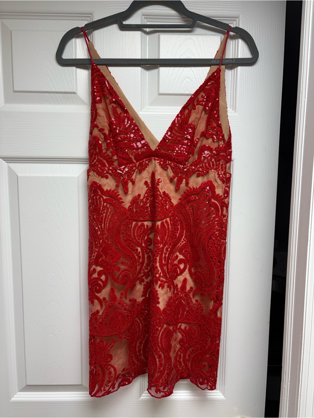 Free PeopleRed Beaded Lace V-Neck Slip Dress